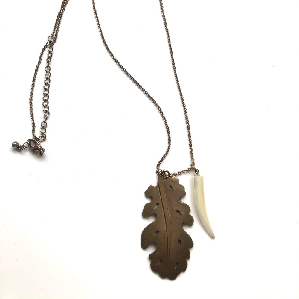 Feather and tooth long necklace